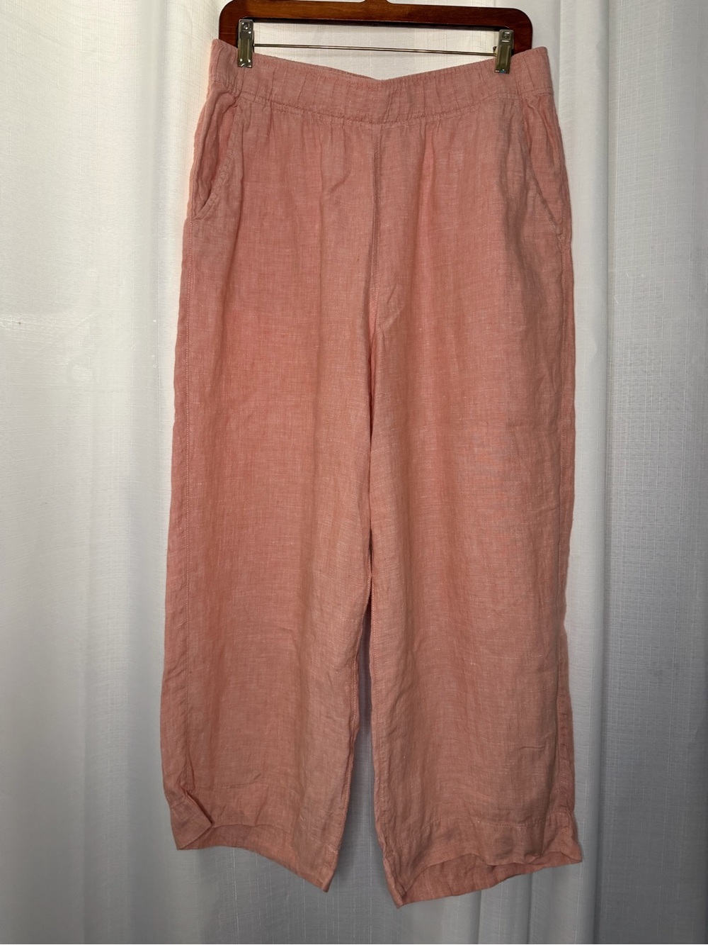 Tahari 100% Linen Wide Leg Crop Pants Blush Pink Size Large Pull-On Casual